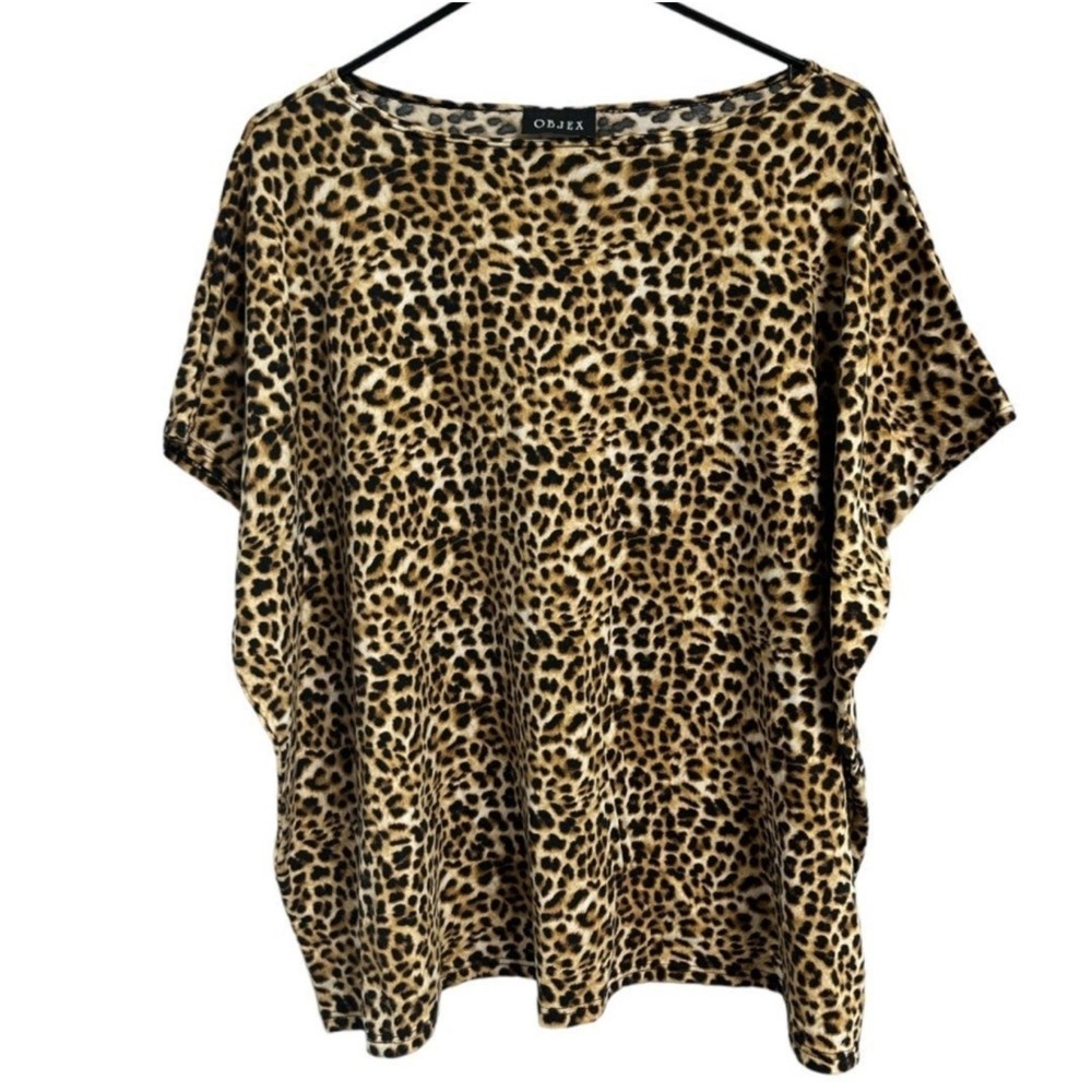 OBJEX Dark Brown Leopard Print Blouse Size M Short Sleeve Animal Print T-Shirt